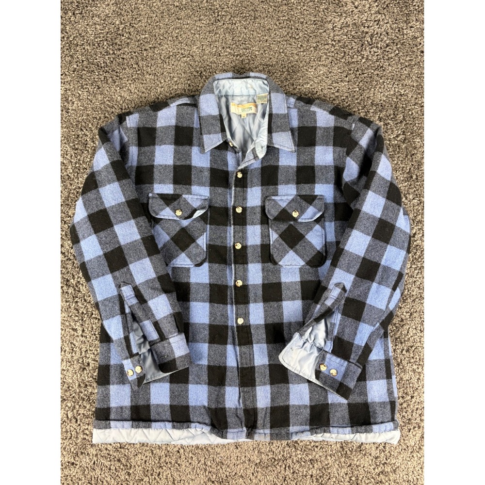 Vintage 80s Squaw Valley Wool Quilted Flannel Shirt Jacket Blue Black Plaid XL